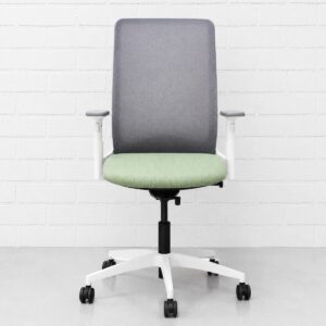 Studio Ally Hi Back Office Chair with Arms Fully Adjustable with White Frame and 5 Star Wheelbase Grey Mesh Back and Leaf Green Seat