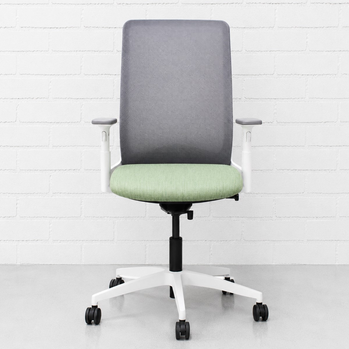 Studio Ally Hi Back Office Chair with Arms Fully Adjustable with White Frame and 5 Star Wheelbase Grey Mesh Back and Leaf Green Seat
