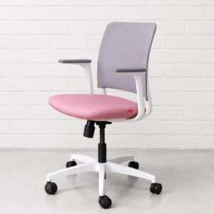 Studio Modern Yutu Low Back Fully Adjustable Chair with White Frame and 5-Star Wheelbase Grey Mesh Back and Azalea Pink Seat