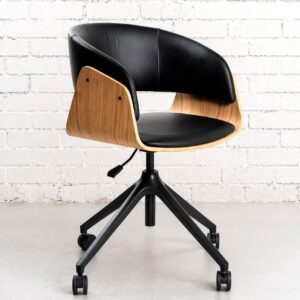 Loft Bentwood Retro Desk Chair with 4 Star Black Base and Height Adjustable Gas Lift in Light Oak Wood and Black Leather