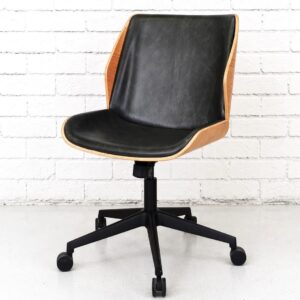 Loft Retro Desk Chair with 5 Star Black Operator Base and Height Adjustable Gas Lift in Light Oak Wood and Black Leather