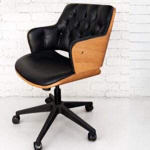 Loft Executive Retro Desk Chair with 5 Star Black Operator Base and Height Adjustable Gas Lift in Light Oak Wood and Black Leather