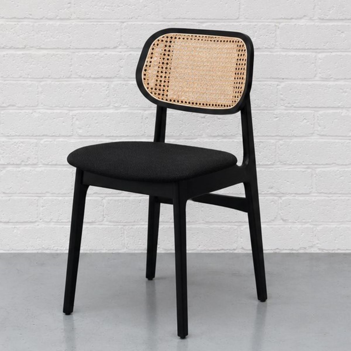 Loft Danish Dining Chair in Solid Beech Wood and Wicker Cane Back with Upholstered Seat Black