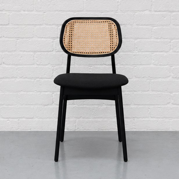 Loft Danish Dining Chair in Solid Beech Wood and Wicker Cane Back with Upholstered Seat Black