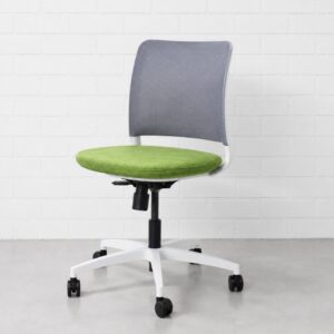 Studio Modern Yutu Low Back Chair with No Arms. Fully Adjustable. White Frame and 5 Star Wheelbase. Grey Mesh Back. Leaf Green Seat